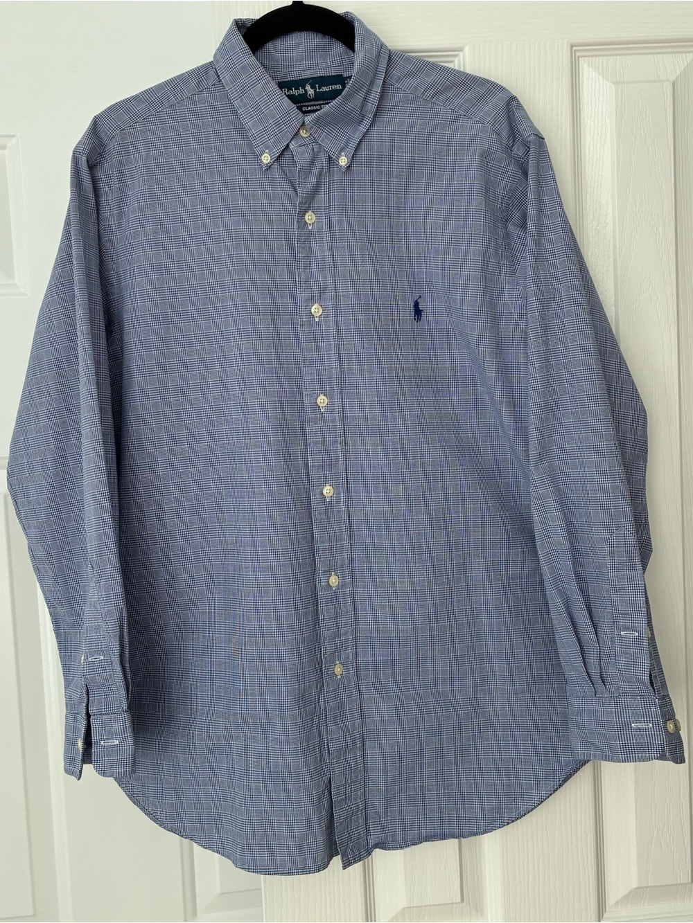 Ralph Lauren Classic Fit Button Front Cotton Shirt Size 16, 32/33 Blue Check EUC